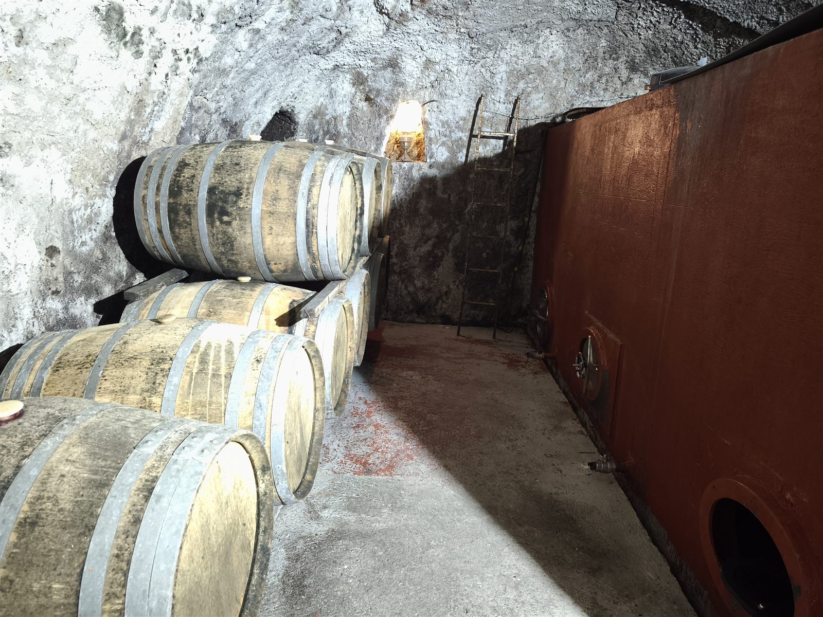 Barricas y depósito de fermentación en la cueva